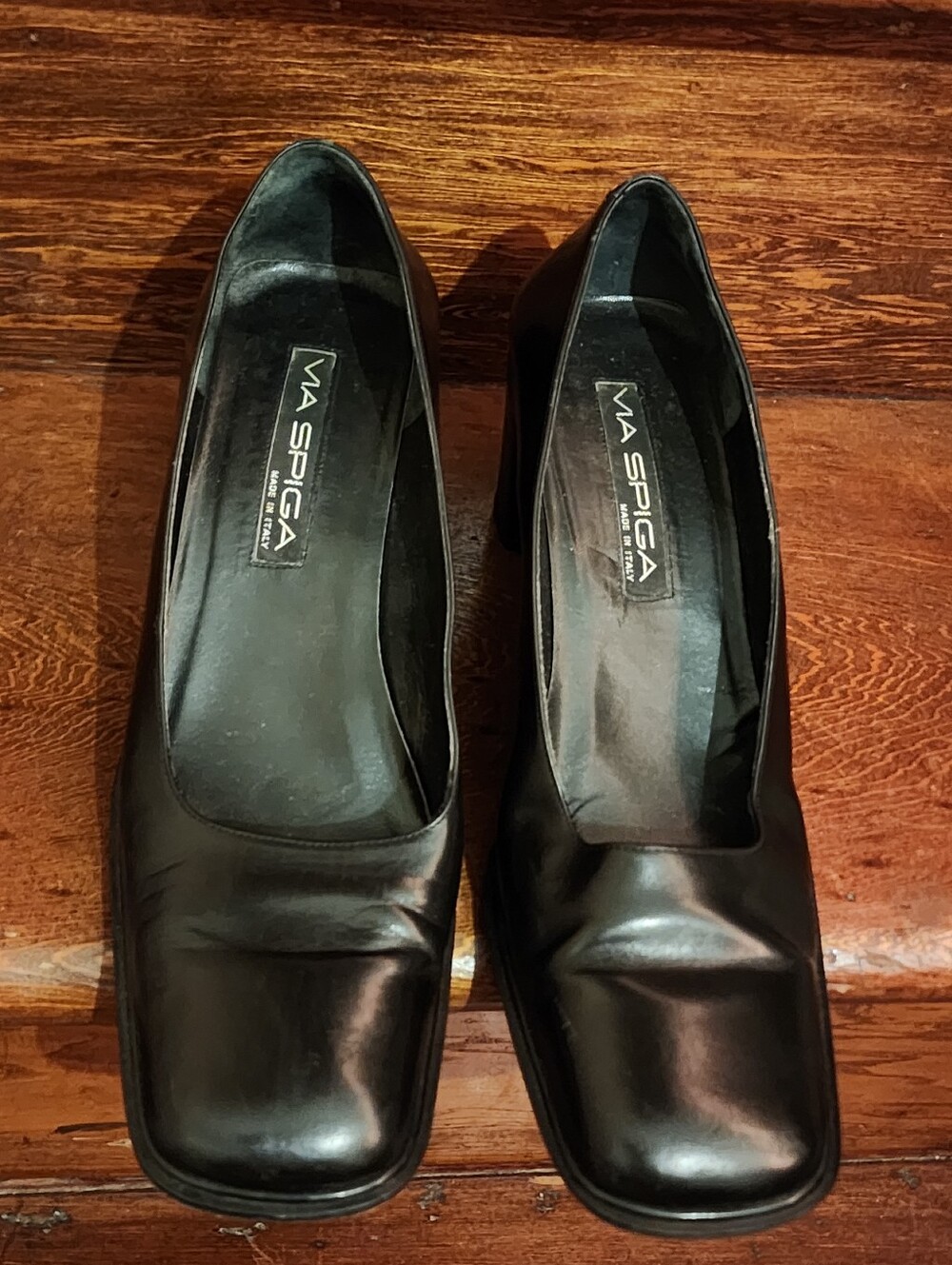 Vintage Via Spiga Black Leather Pumps Square Toe Block Heels-10 M-Made In Italy